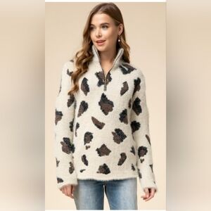 Entro Pullover Sweater Leopard Quarter Zip Size S